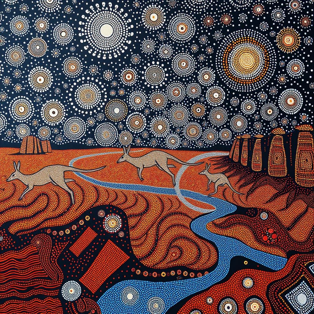 Surreal Indigenous Australian Landscape with Dreamlike Dot P...