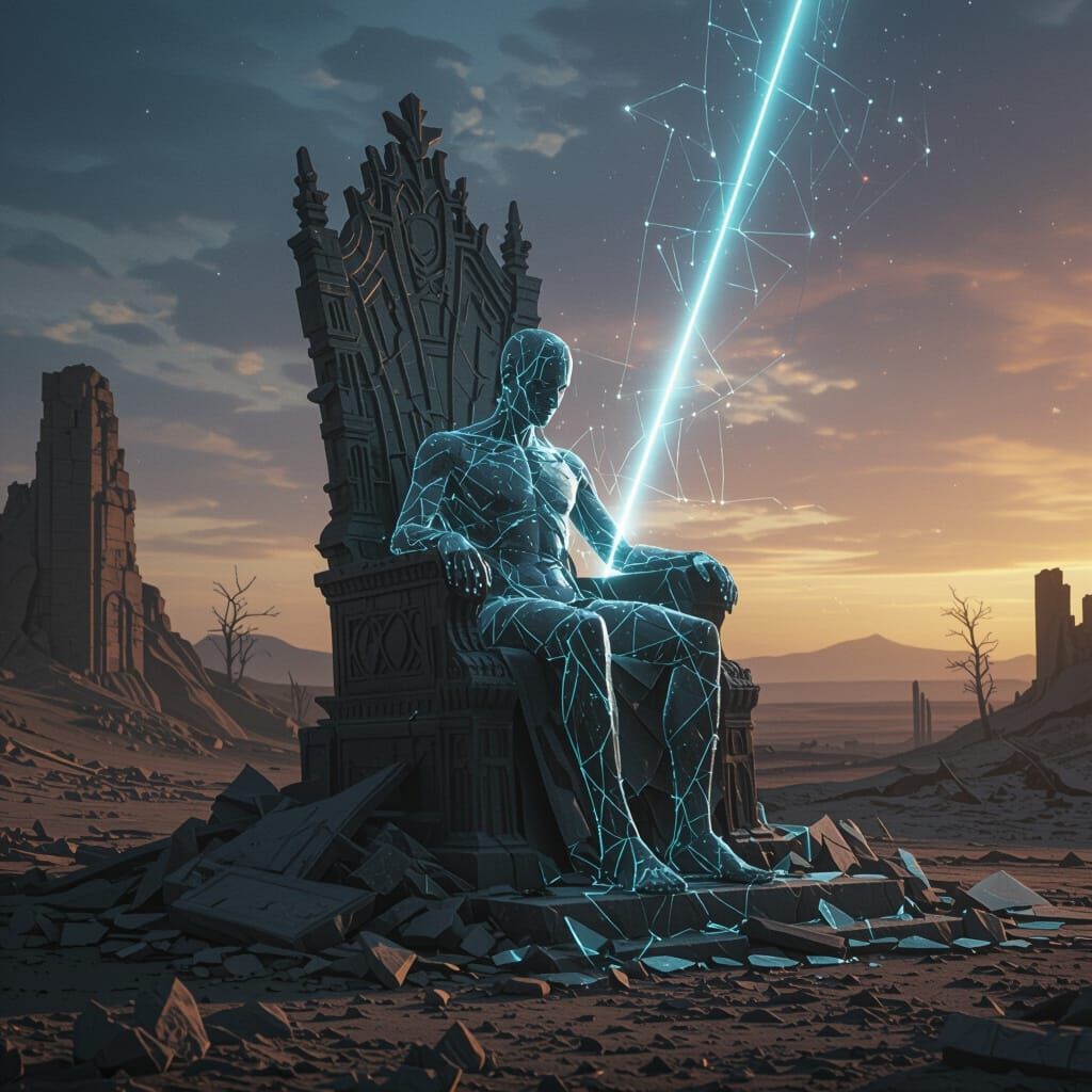 Shattered Glass Figure on Throne Ruins in Stormy Twilight