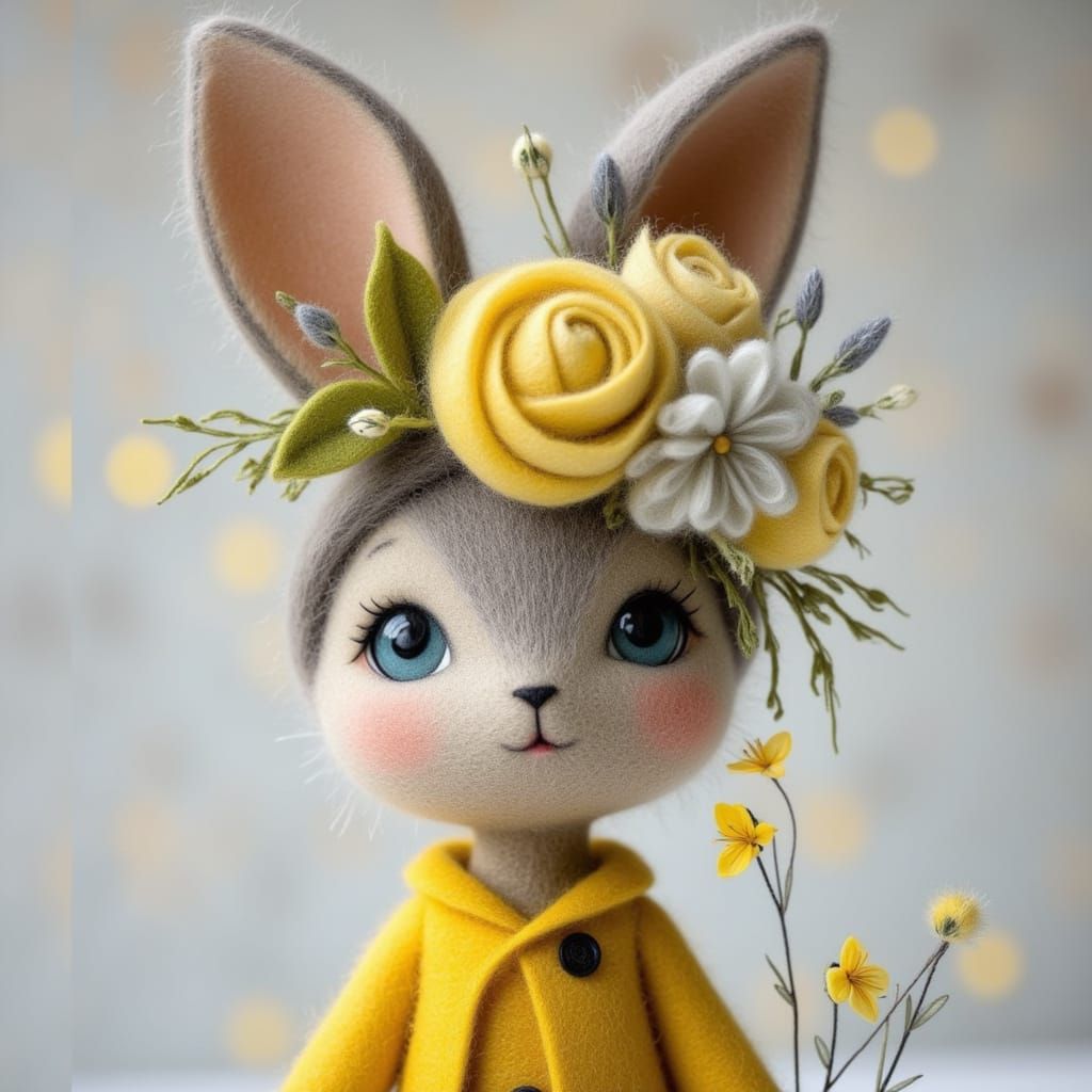 Chibi Bunny in Yellow Felt Clothing with Flower Embellishmen...