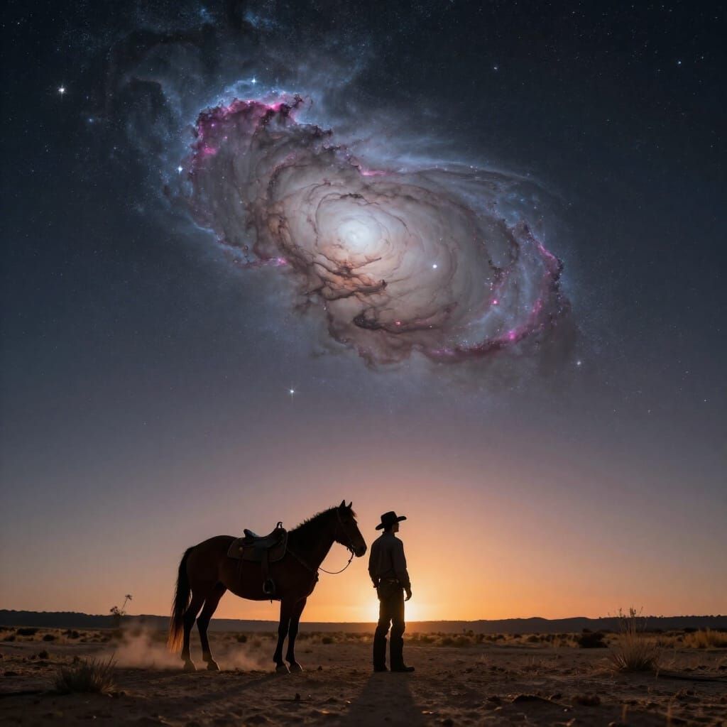 Cowboy on Mesa Under Swirling Nebula Sky