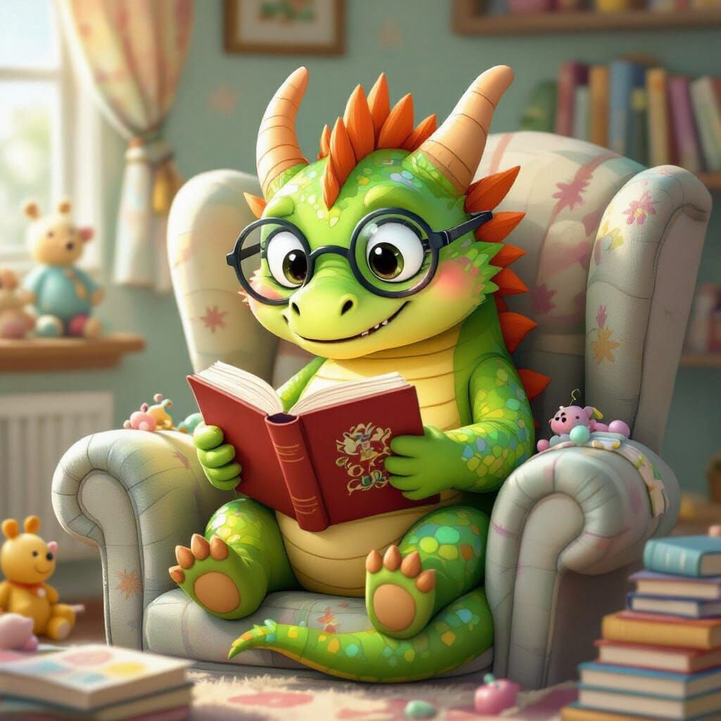 Lime-Green Dragon Reading Book in Cozy Armchair