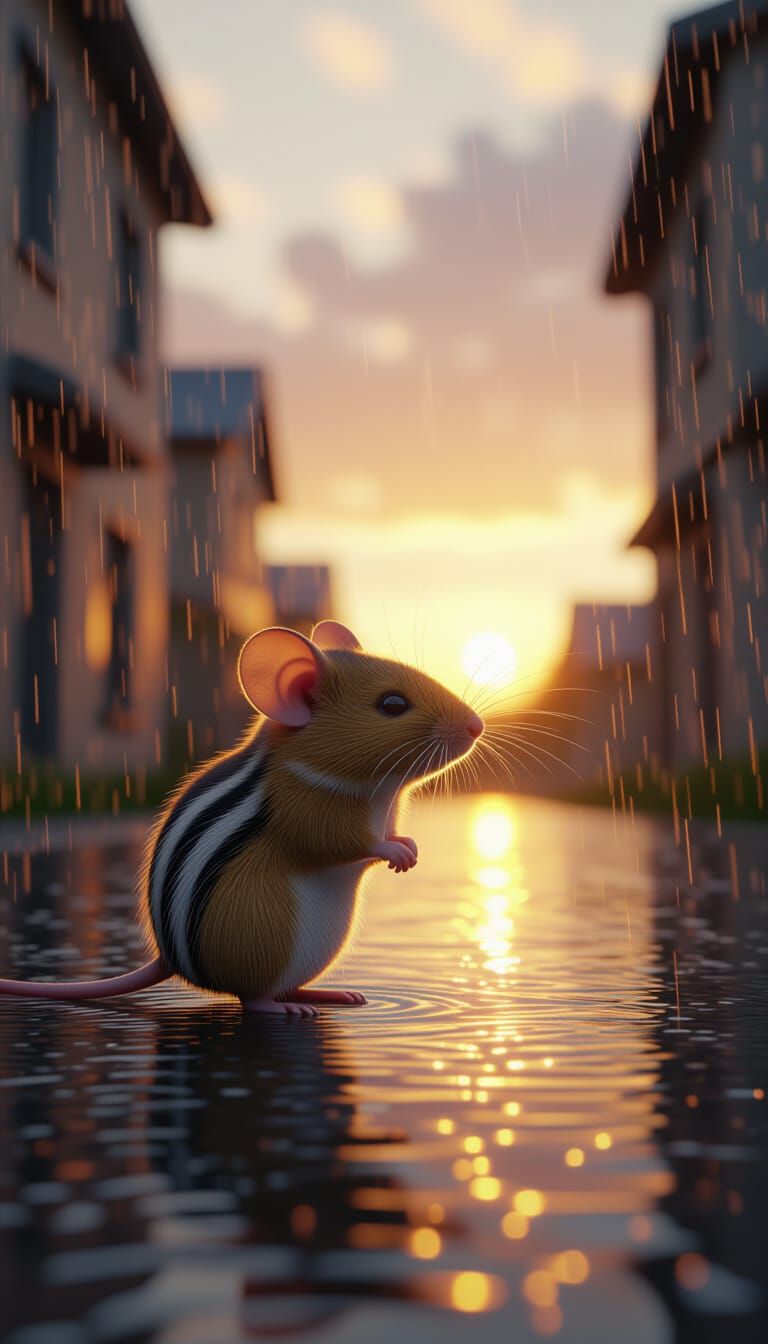 Striped Mouse in Rainy Sunset: Renaissance-Inspired Art