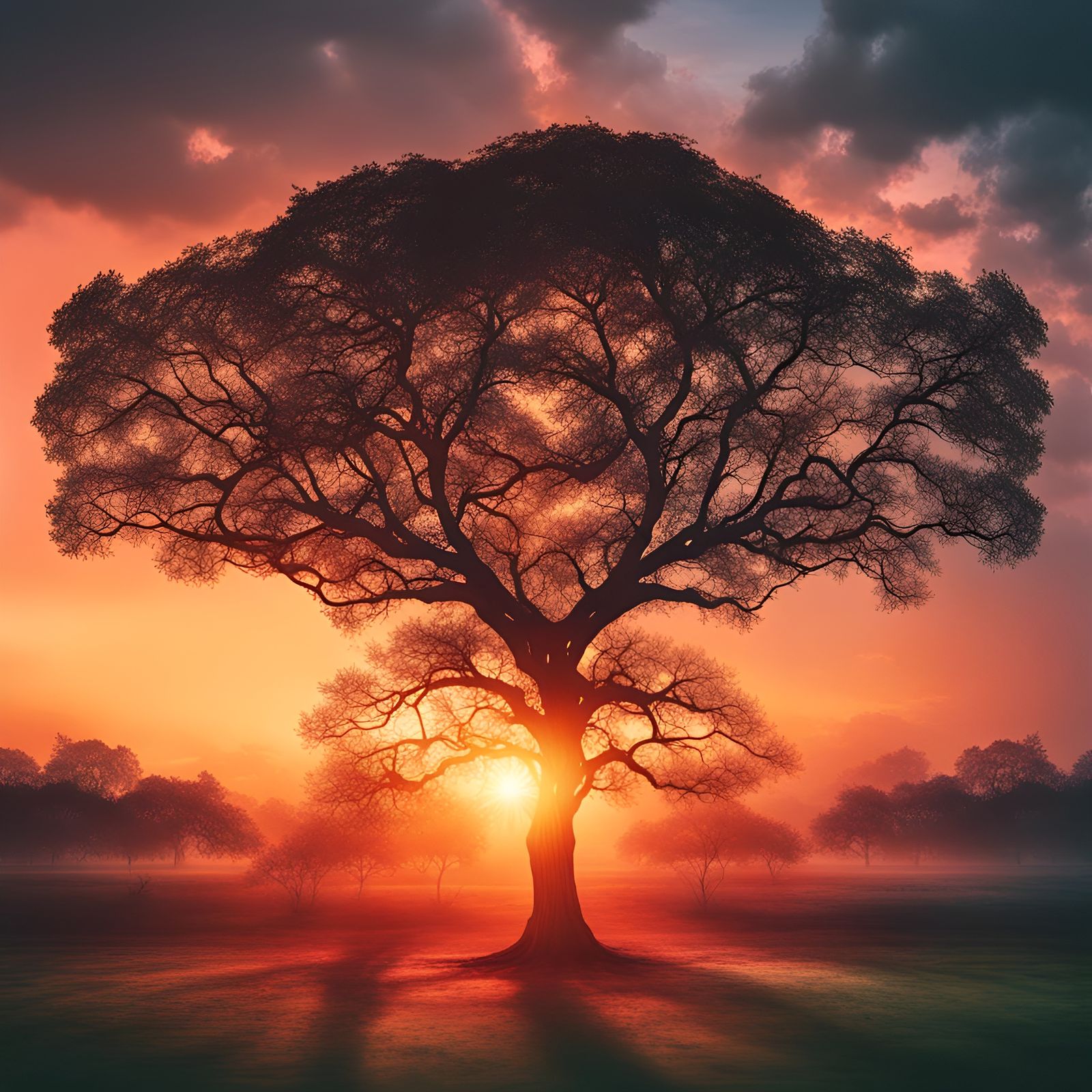 Double Exposure Sunset Tree Hyperrealistic Masterpiece