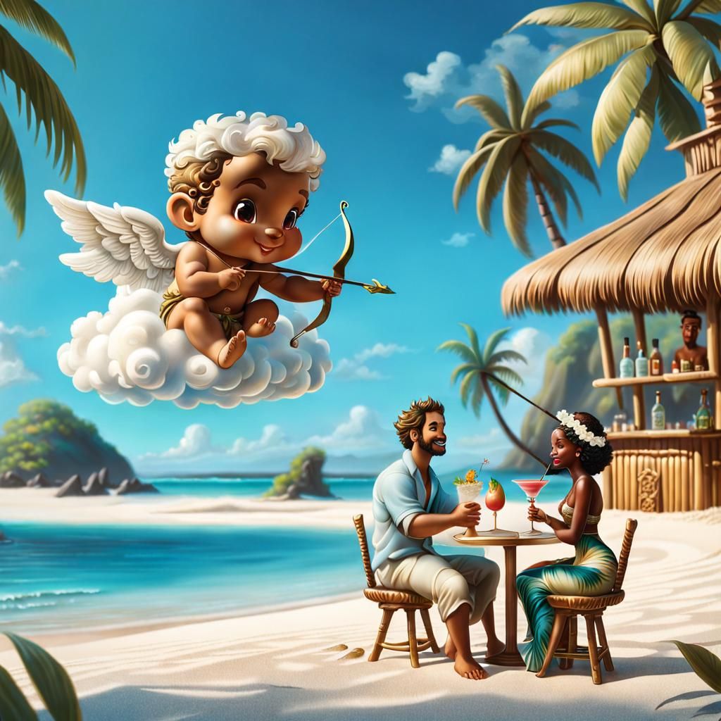Cupid's Tropical Mishap: Hyper-Realistic Beach Scene