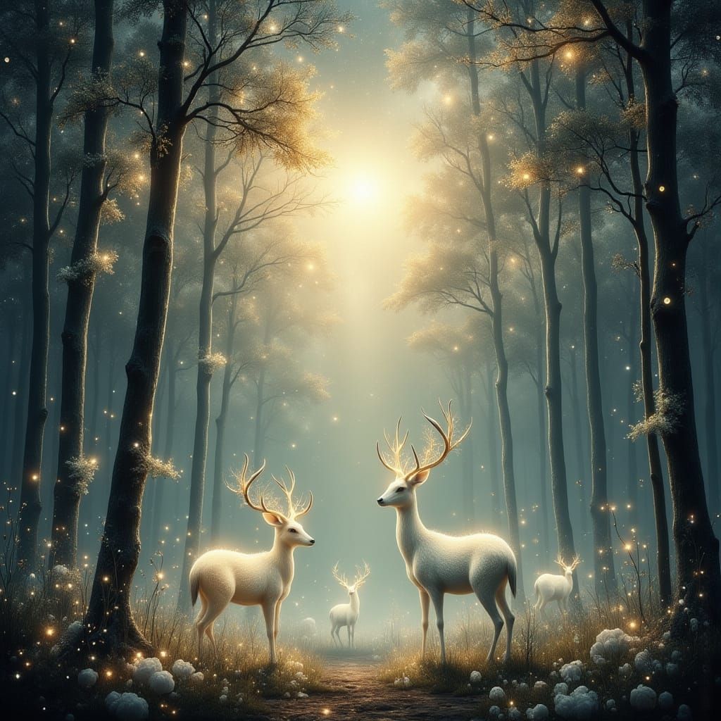 Ethereal Forest at Dawn with Starry Deer