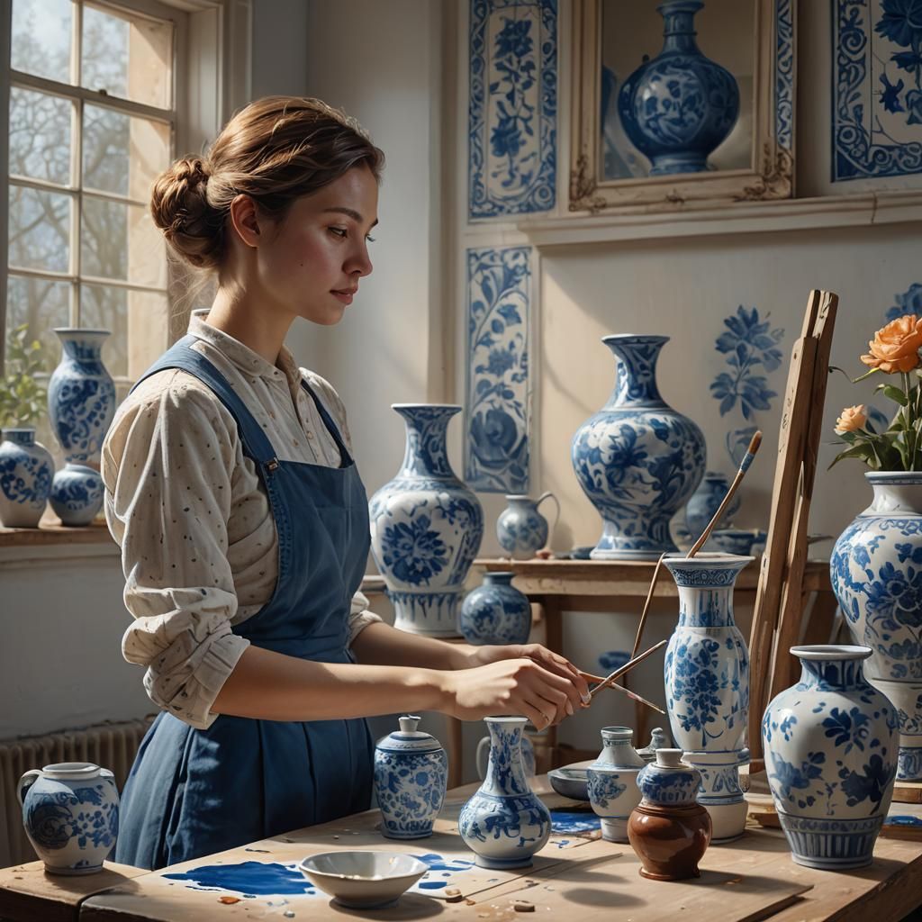 Girl Painting Delft Vase: Realistic Digital Art