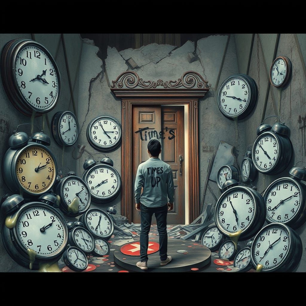 Time's Up: A Dreamlike Scene of Melting Clocks and Lost Time
