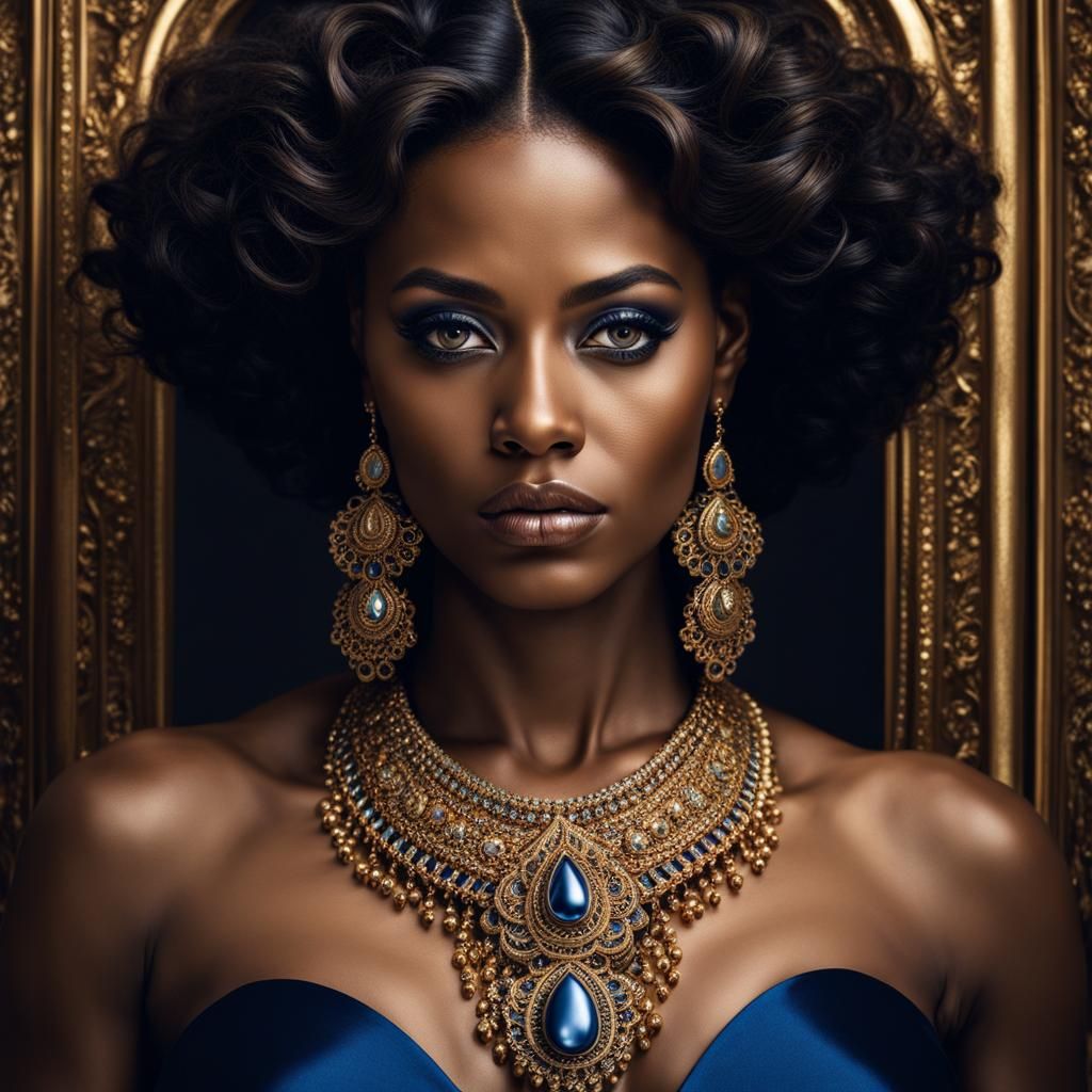 Black woman, long wavy hair, brown eyes, blue gown