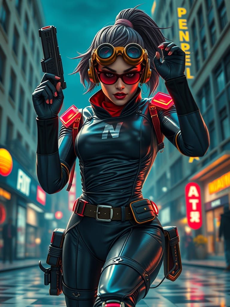 Cyberpunk Superheroine Fighting Crime in 1930s Comic Style