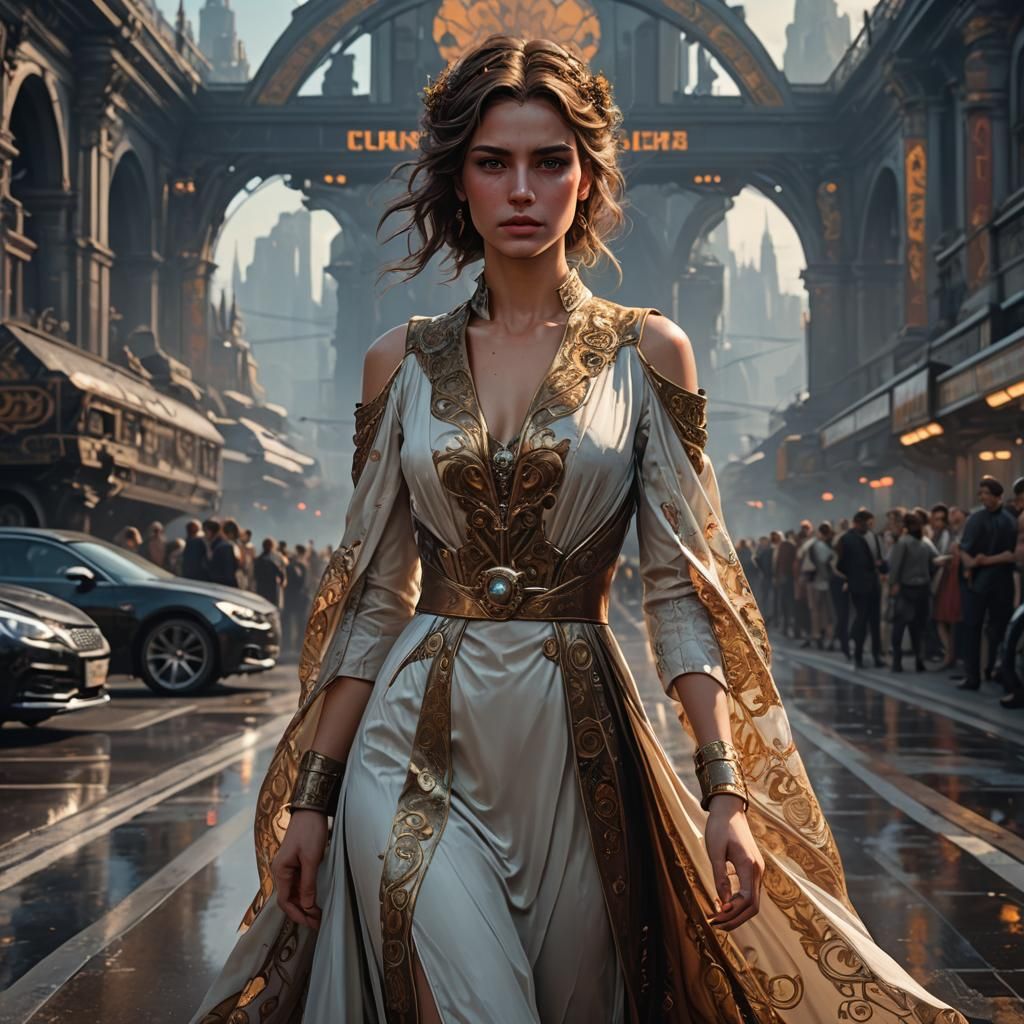 Young Woman in Car Dress on Runway, Hyperdetailed Art