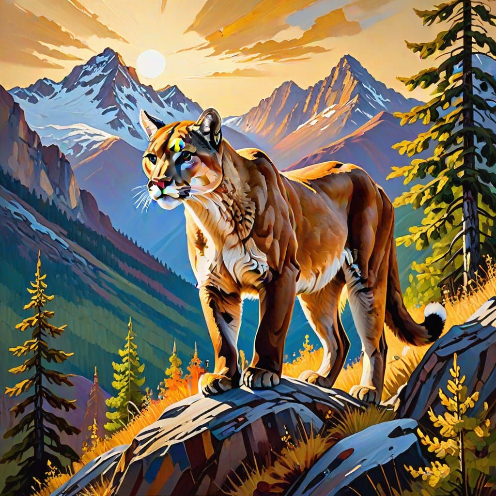 Cougar in Mountain Range as Impasto Painting