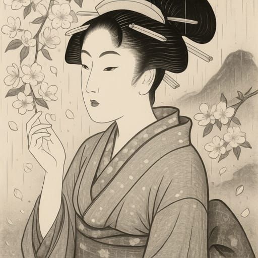 Cherry Blossoms in Spring Rain, Ukiyo-e Style