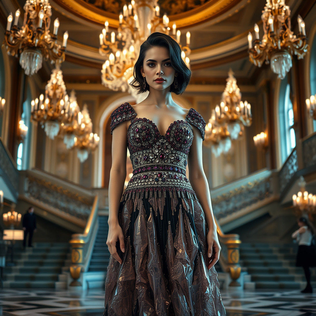Crystal Dress in Ornate Ballroom, Hyperrealistic Scene