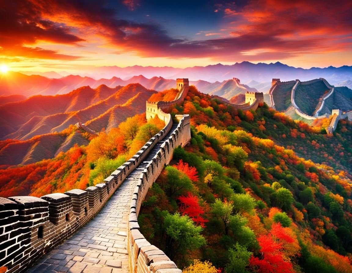 Great Wall of China at Sunset in Autumn