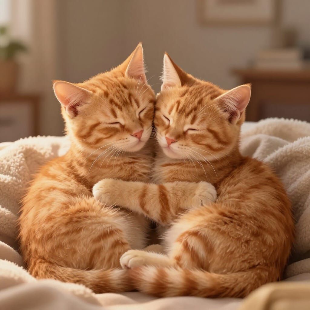 Two Fluffy Ginger Cats Hugging in Soft Light
