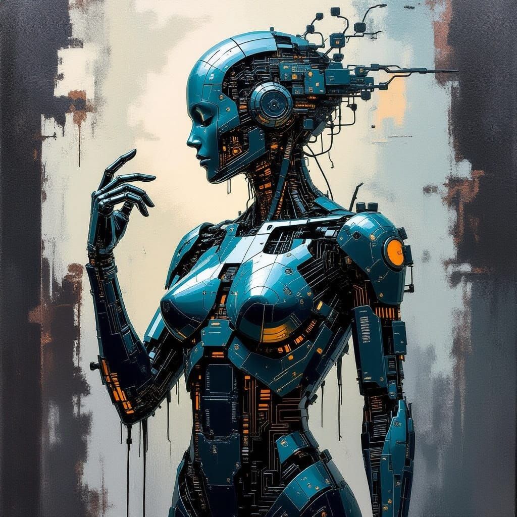 Botanical Circuit Humanoid in Brutalist Impasto Oil Paint