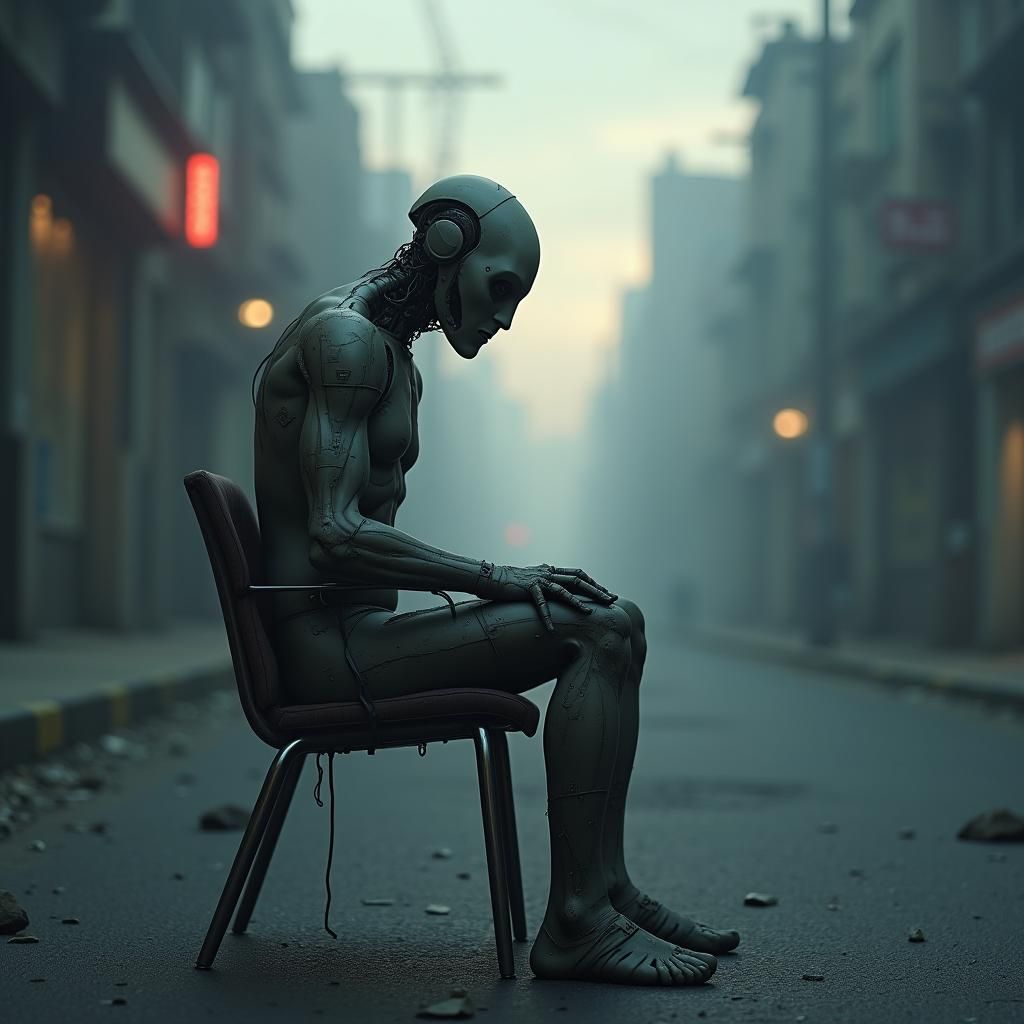 Dystopian Android Figure in Cyberpunk Metropolis