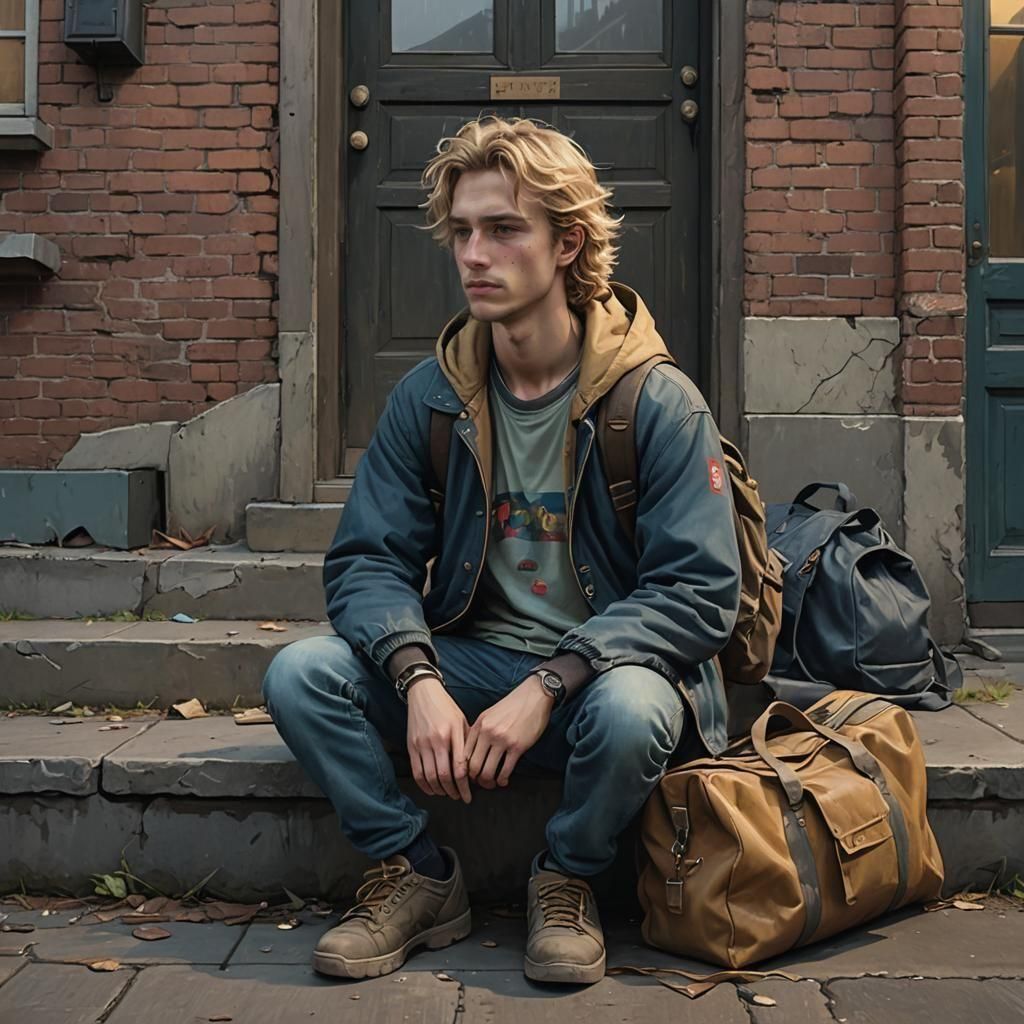 Wavy Haired Man on Stoop: Detailed Matte Painting