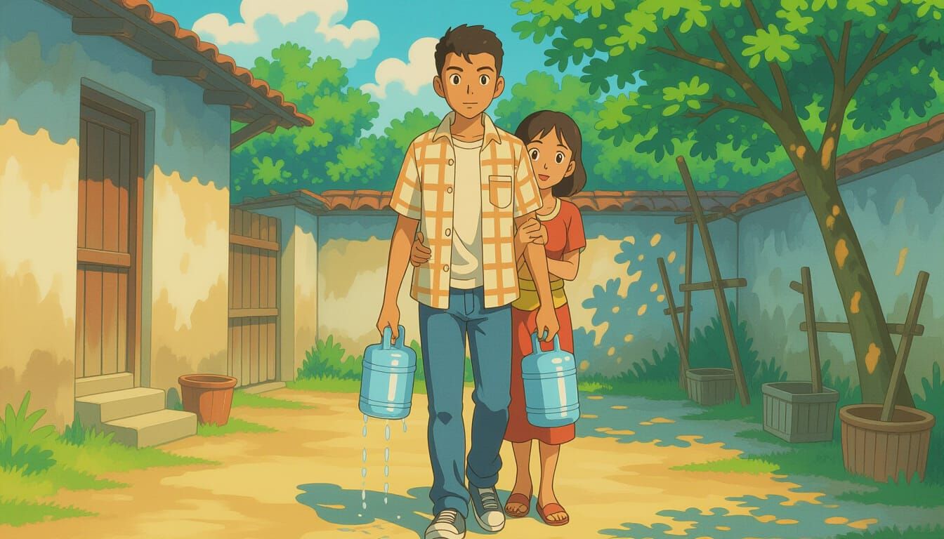 Teenage Boy Helps Mother in Courtyard Anime Style