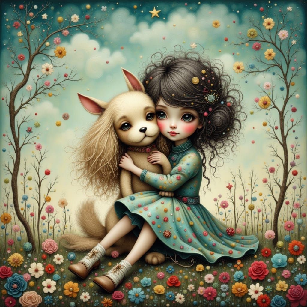 Whimsical Girl Hugs Adorable Dog