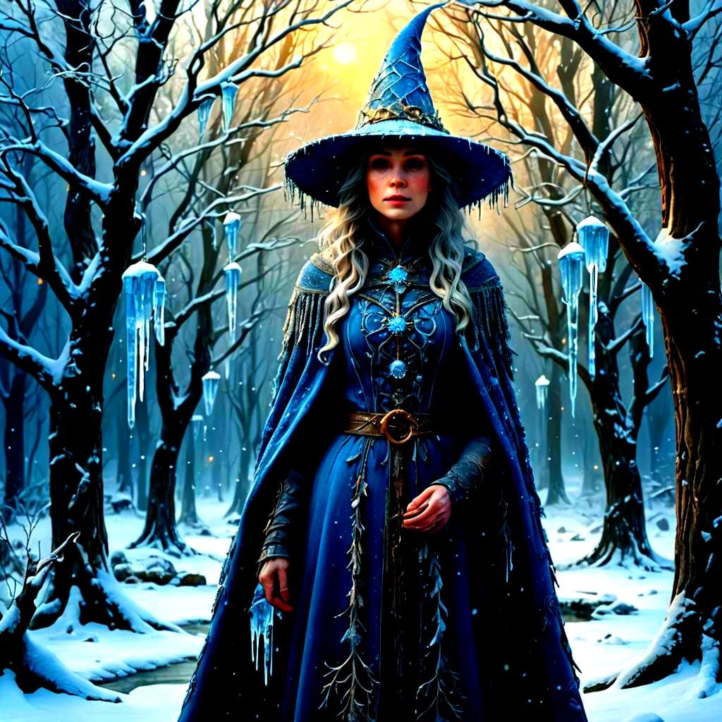 Winter Witch in Icy Woodland: Fantasy Concept Art
