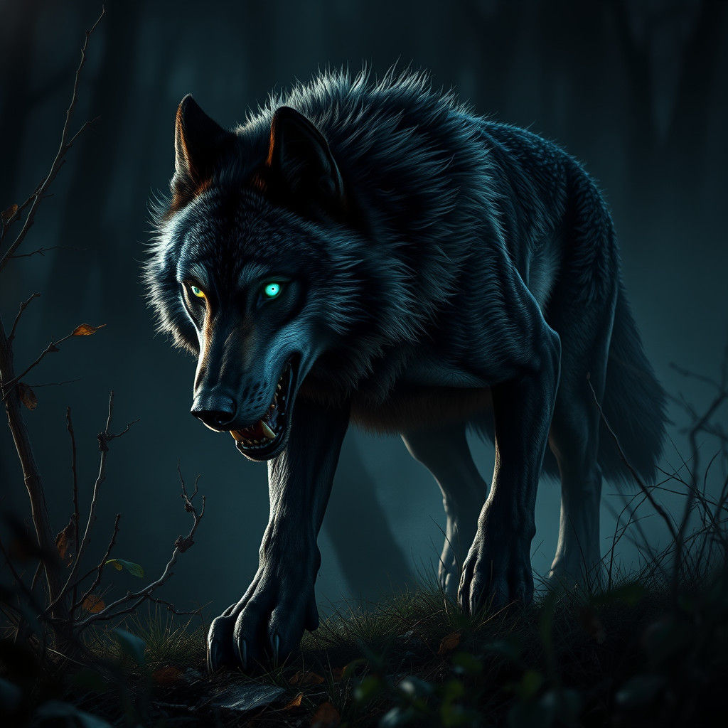 Majestic Singed Wolf Emerges from Darkness