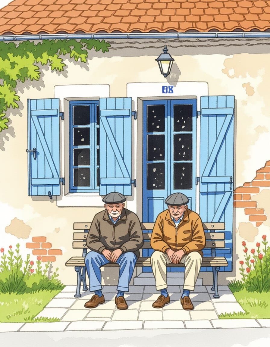 Watercolor Illustration of Men in French Countryside
