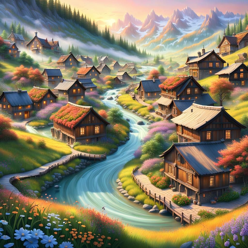Golden Sunrise Over Mountain Village: Matte Painting