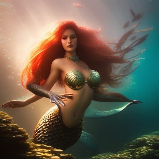 Radiant Mermaid with Metallic Scales in Hyperreal Style