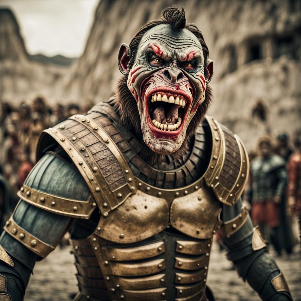 Zombie Monkey Gladiator: Hyperrealistic Cinematic Film Still