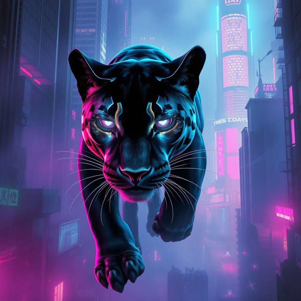 A sleek panther, adorned in glowing neon tribal markings, pr...