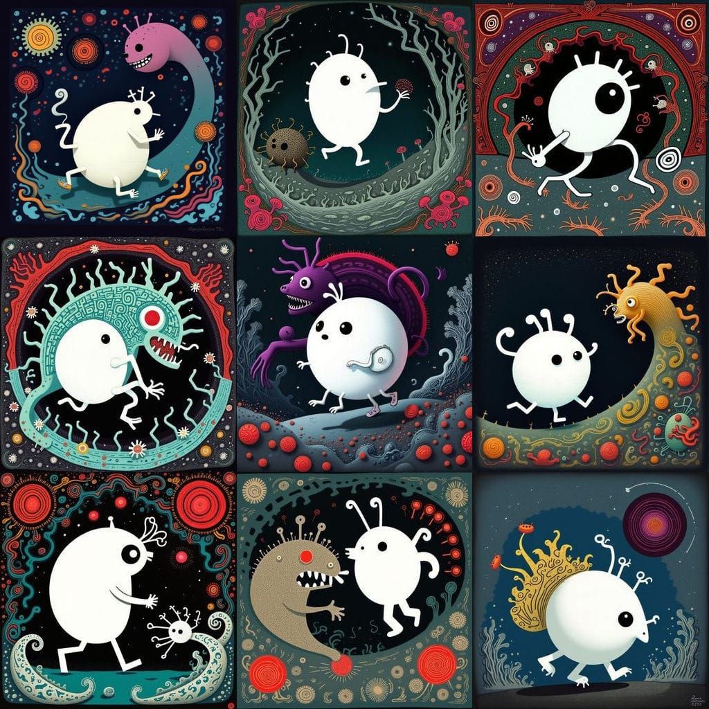 Cartoon Character Escapes Floral Monster in Dystopian Scene