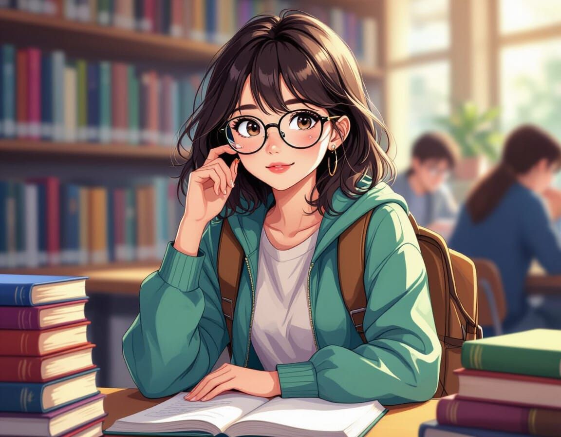 Cute Nerd Girl in Library, Whimsical Art Style