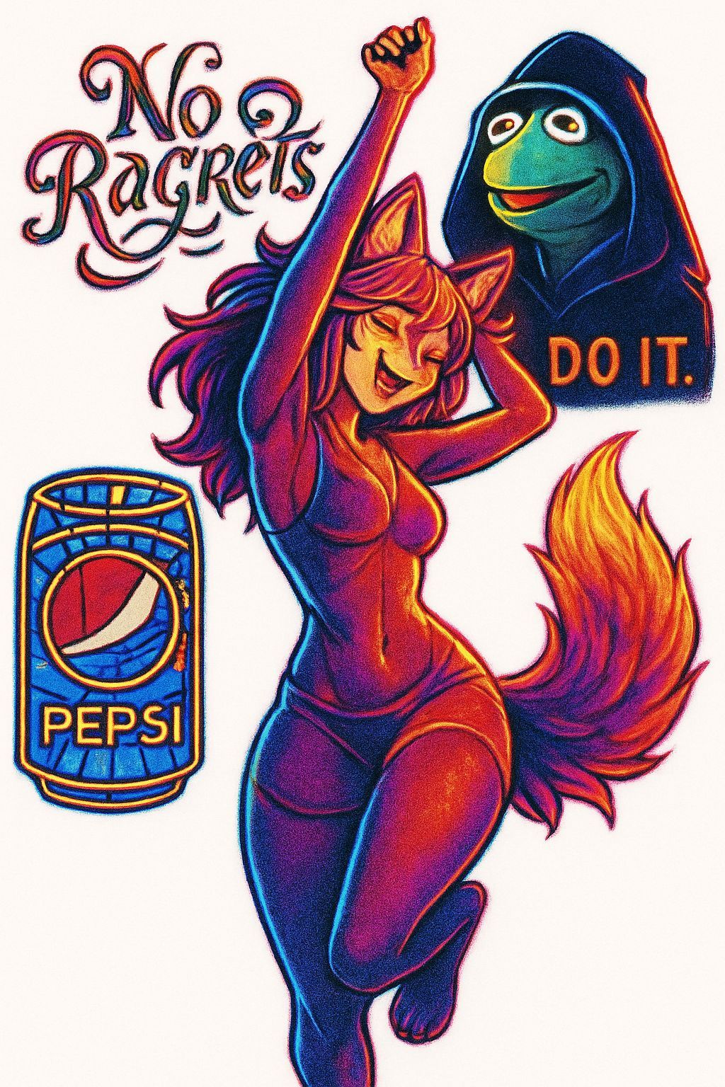 Anime Fox and Pop Culture Collage in Neon Line Art
