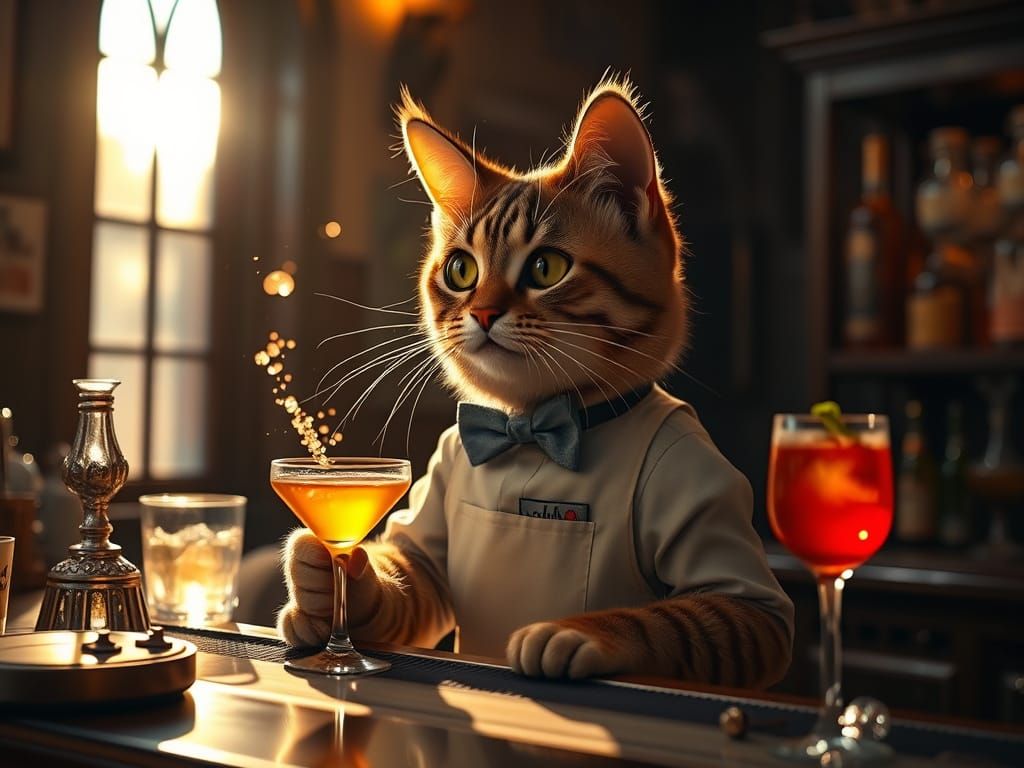 Anthropomorphic Cat Barman Serving Cocktails in Cozy Bar