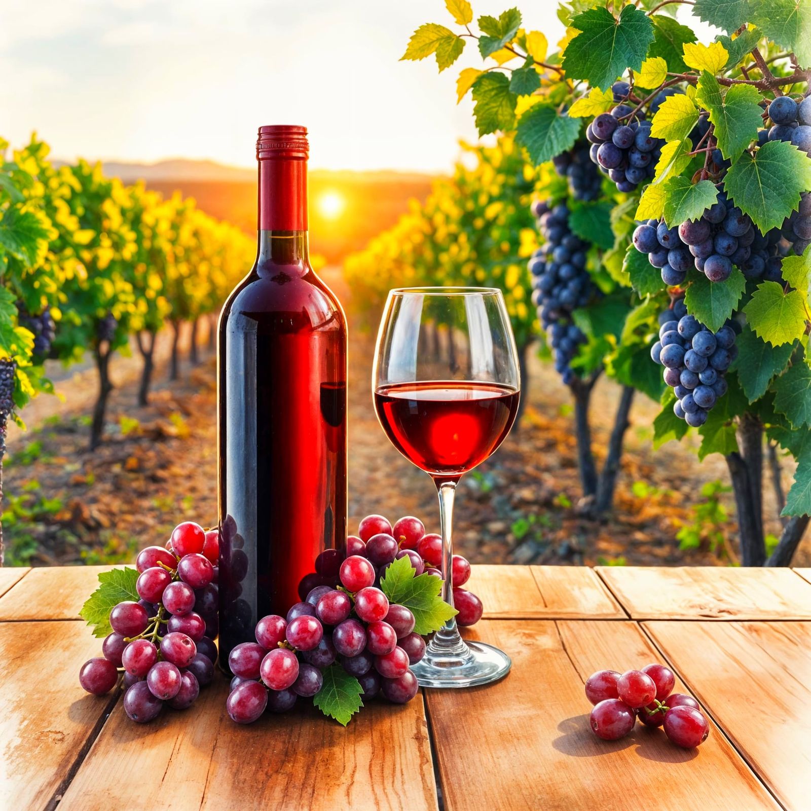 Skillful Watercolor Depiction of Wine and Grapes in a Vineya...