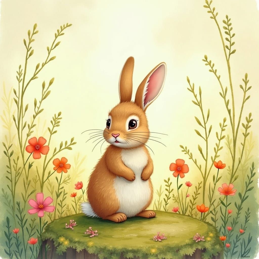 Sunlit Rabbit in Forest Glade with Curious Fox Kit