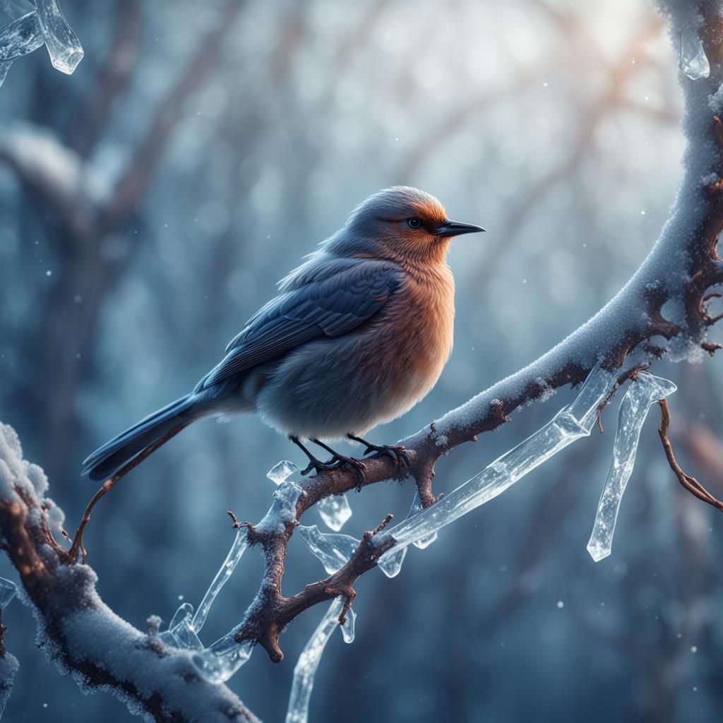 Small Bird on Icy Branch: Detailed Matte Painting