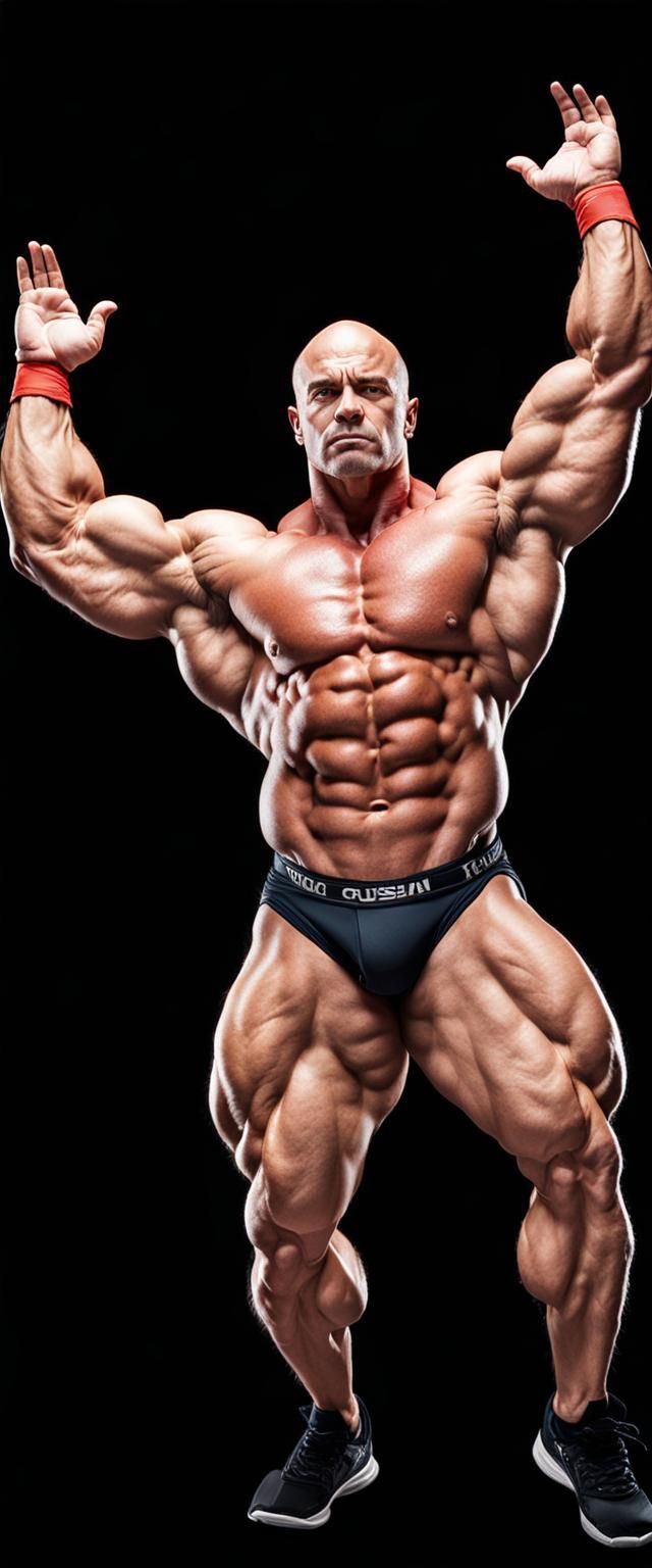 Colossal Russian Bodybuilder Posing in Gym, Detailed Matte P...