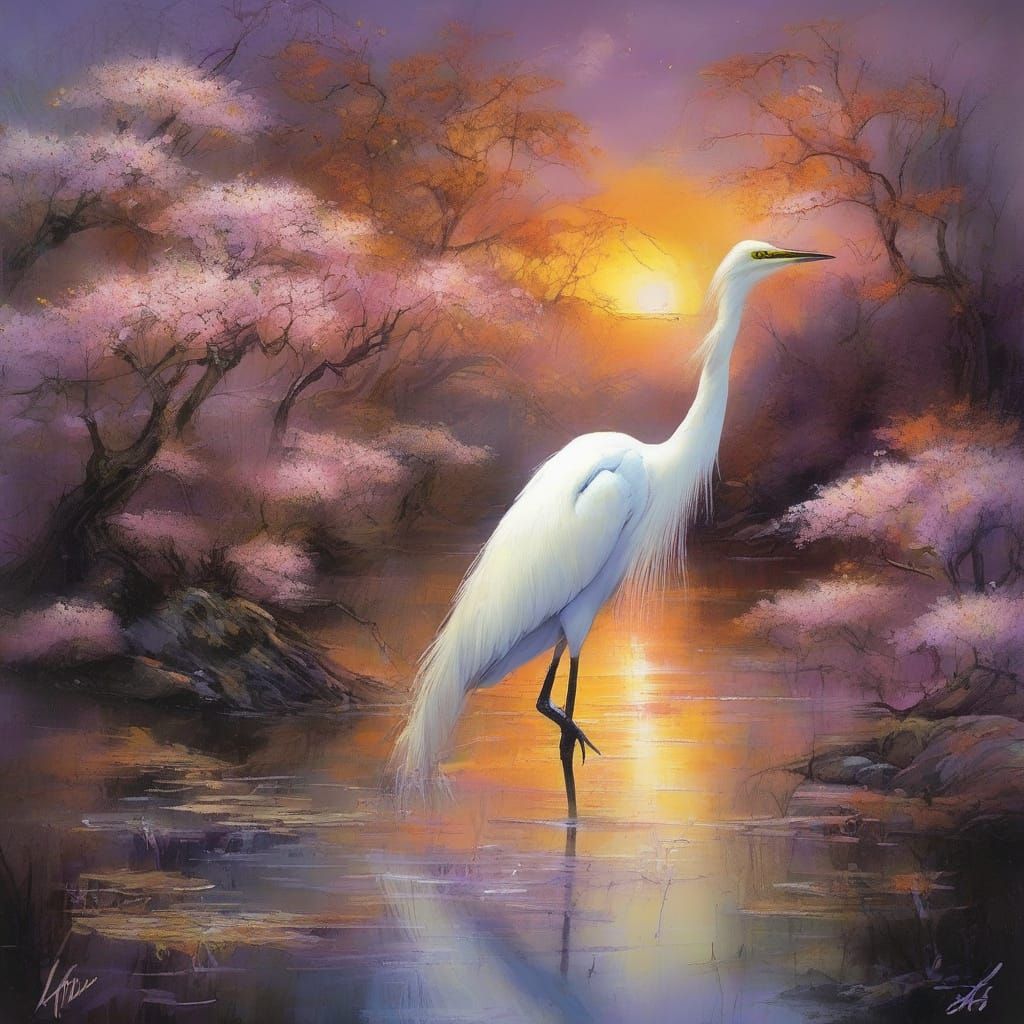 Snowy Egret in Fairy Spring Landscape
