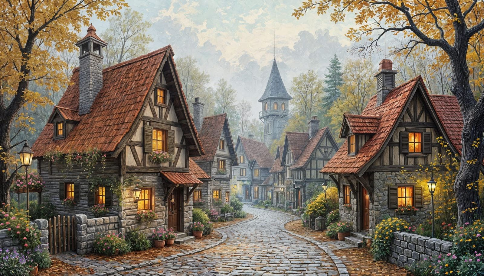 Whimsical Medieval Village in Autumn, Impasto Oil Painting