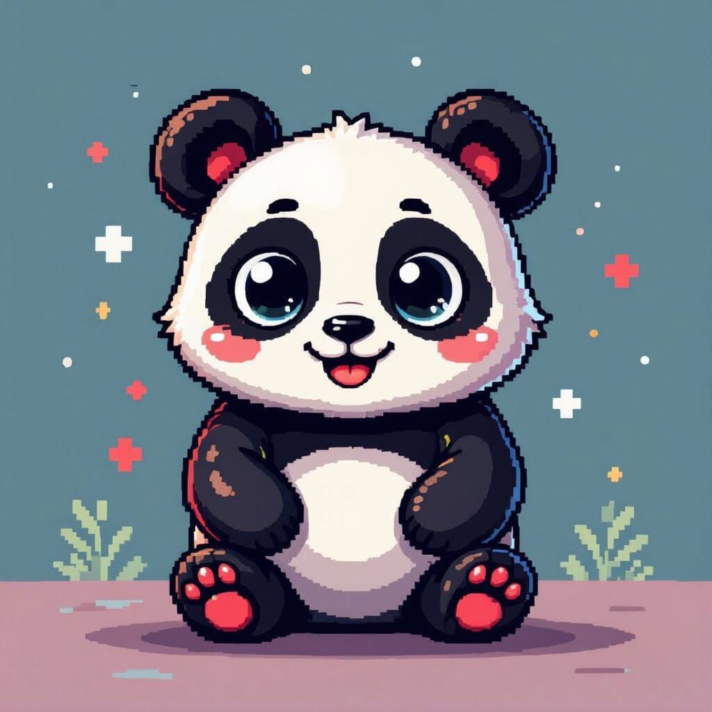 Stylized Panda Face Pixel Art with Vibrant Red Accents