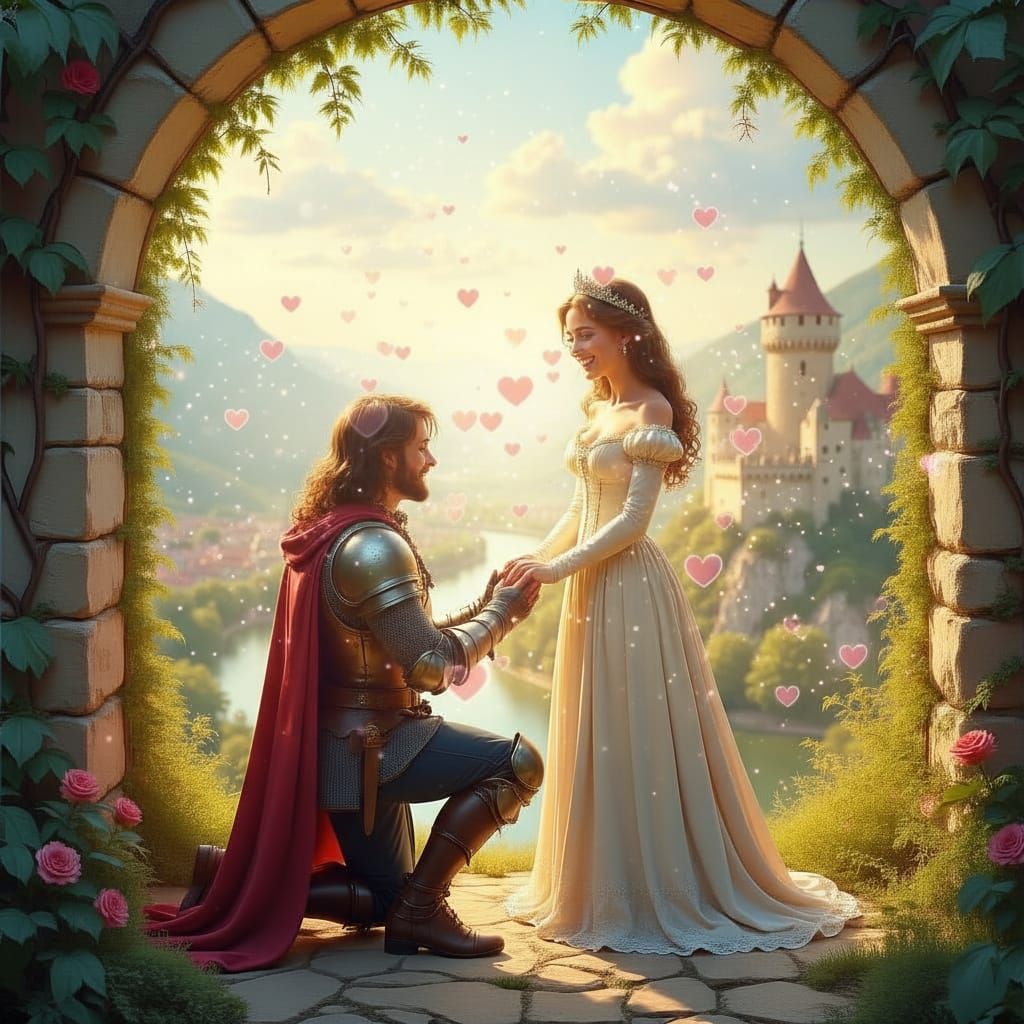 Knight Proposes to Smiling Princess in Flowery Portal