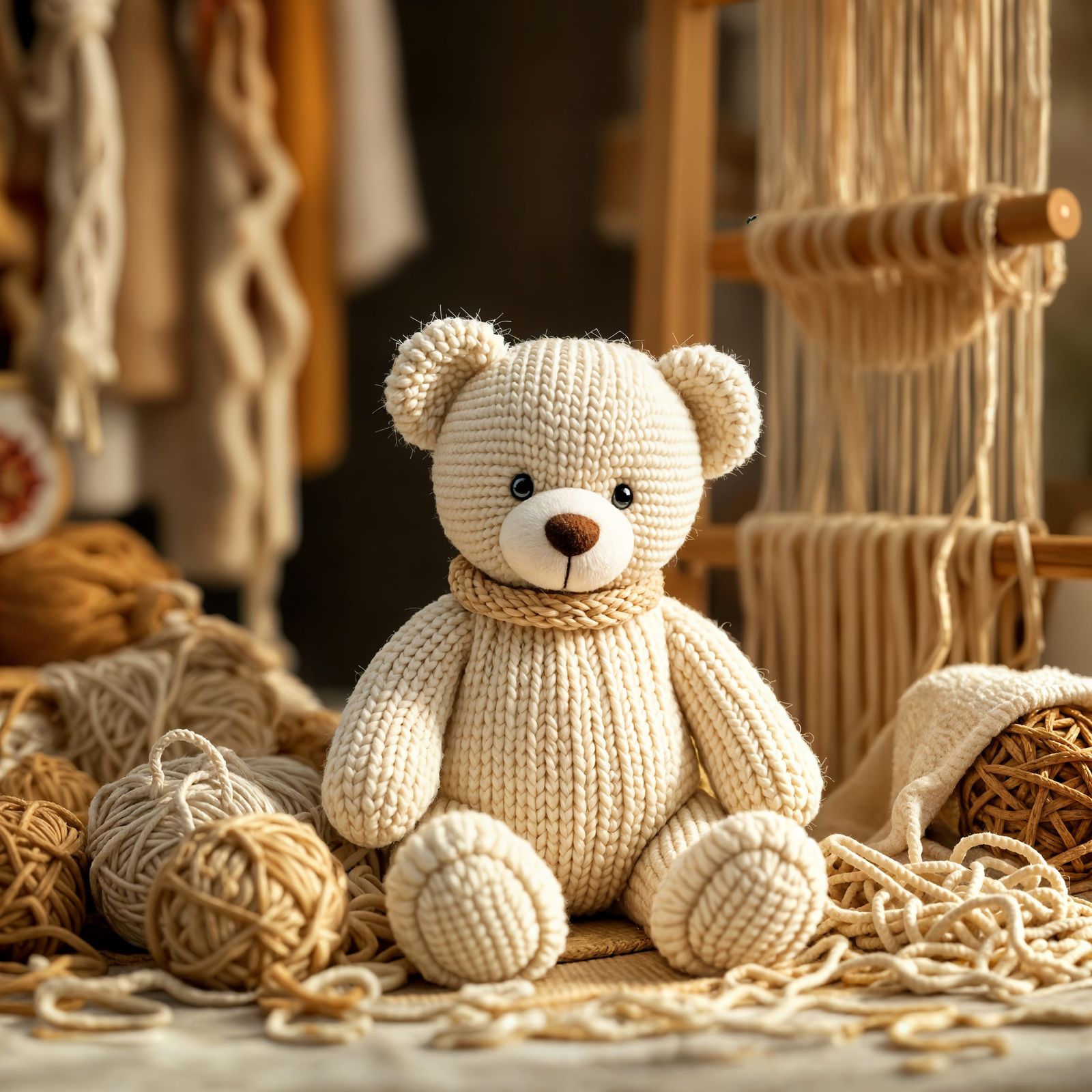 Warm Craft Workshop Scene with Hand-Knitted Teddy Bear