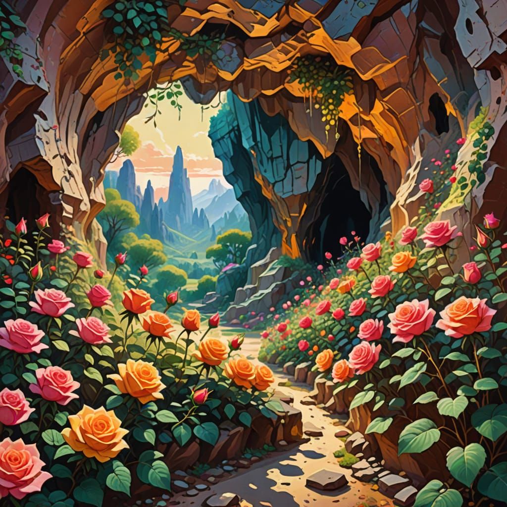 Rose Garden Inside Cave: Gouache Impressionist Masterpiece