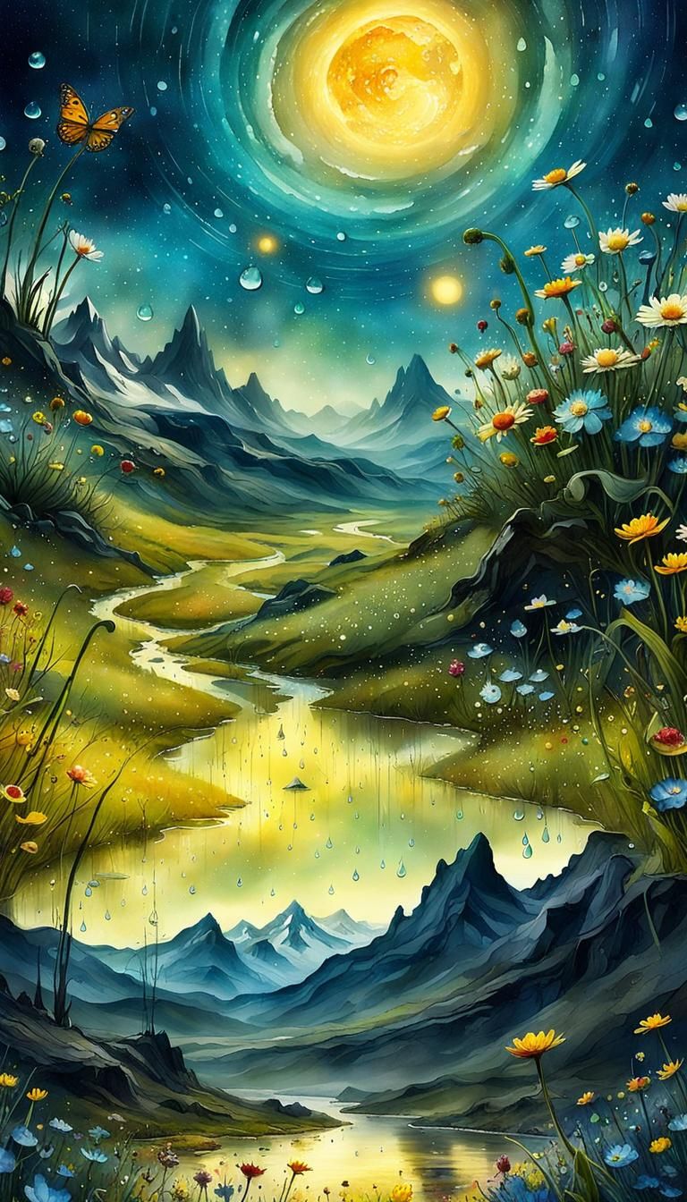 Surreal Flower Meadow Landscape in Watercolor Style