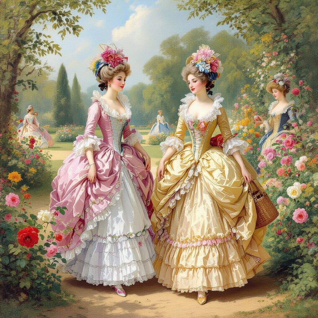Elegant Ladies in Versailles Gardens, Rococo Style