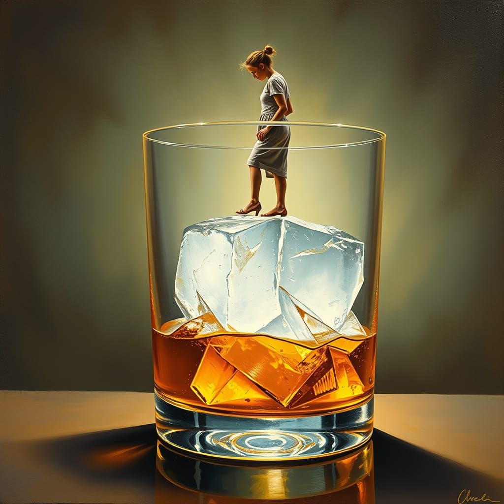 Woman on Ice Cube in Whiskey, Hopper Style