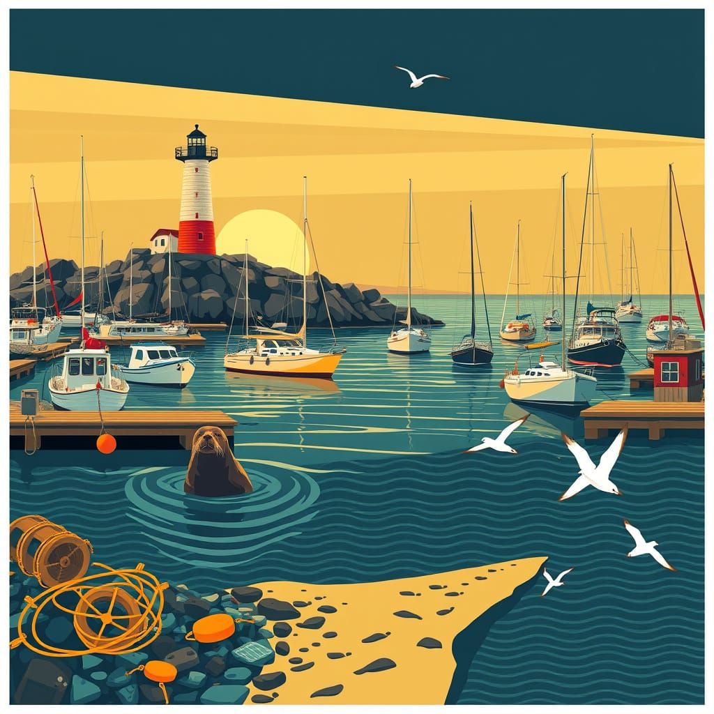 Golden Hour Marina Scene with Art Deco Flair