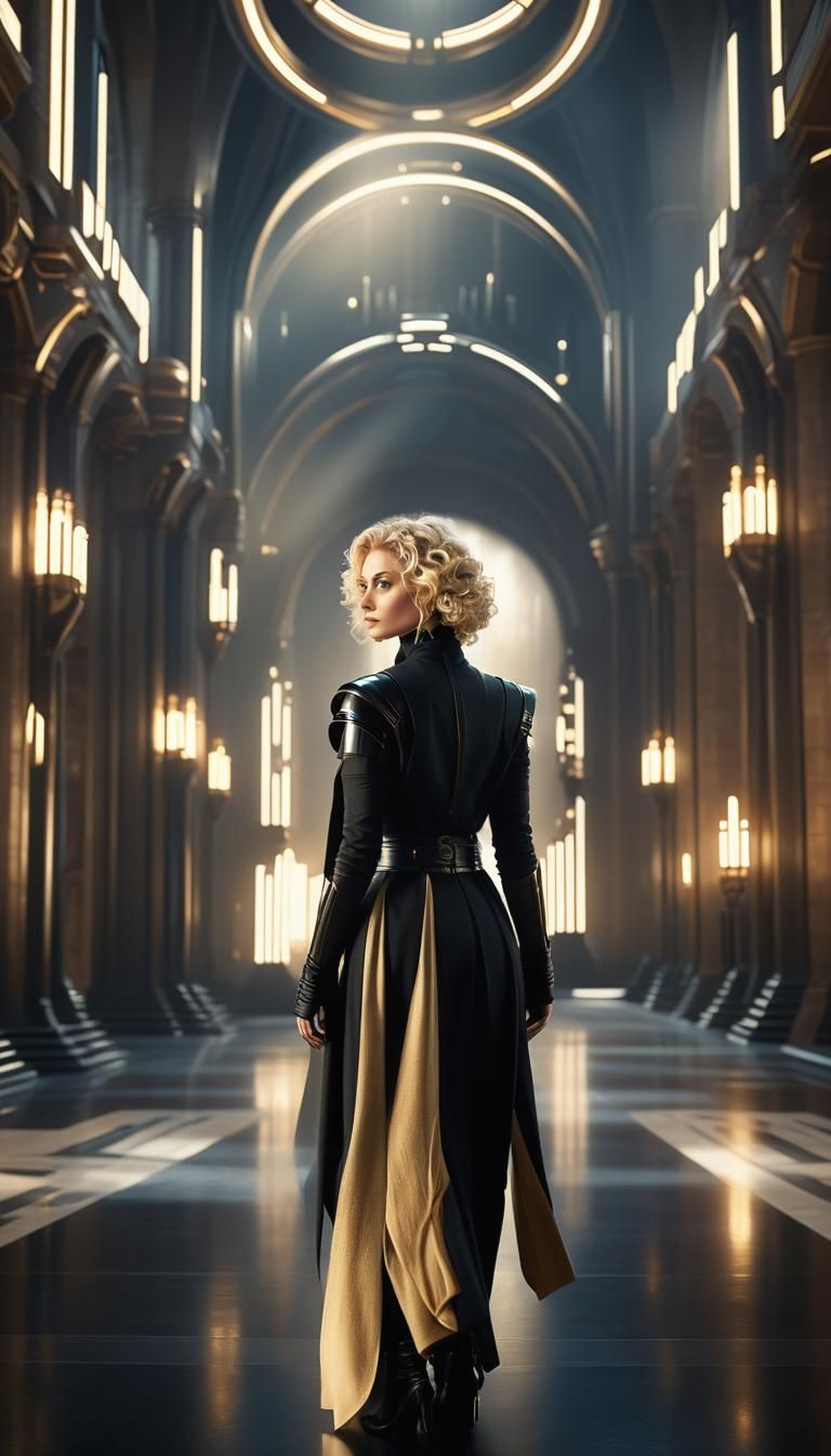 Young Jedi Knight in Futuristic Castle Hall